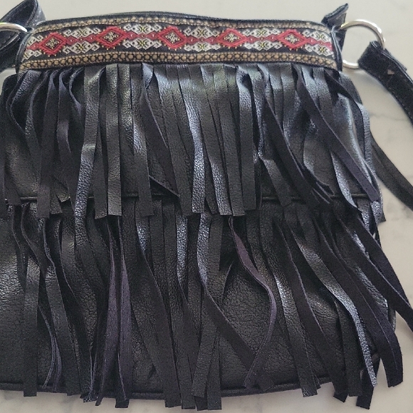 Black Fringe Crossbody Bag with Red and White Accents - Picture 5 of 5